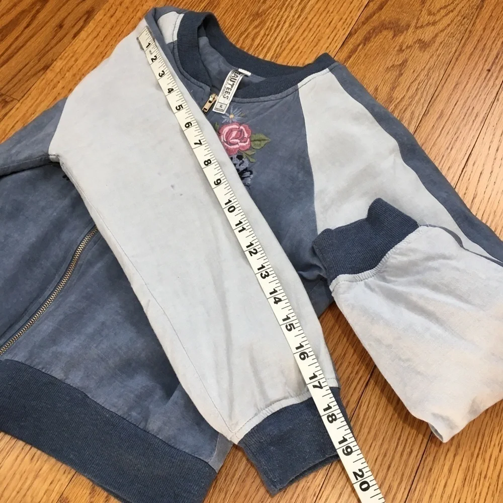 Beautees big girls Y2K embroidered flower blue long sleeve zip up bomber jacket